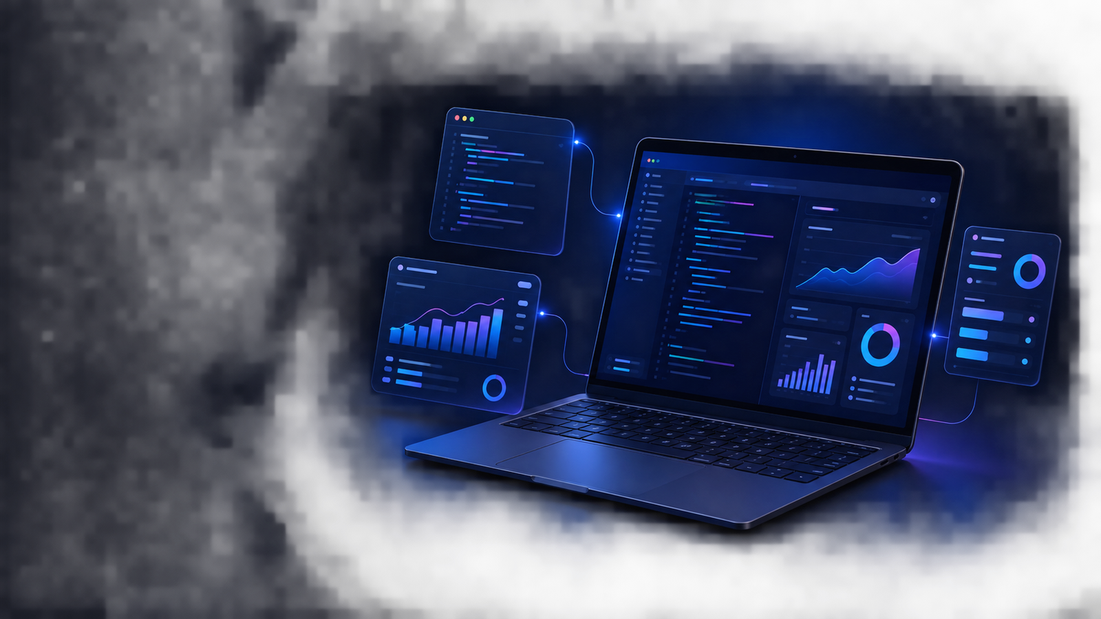 Notebook exibindo código e painéis de software em uma composição tecnológica